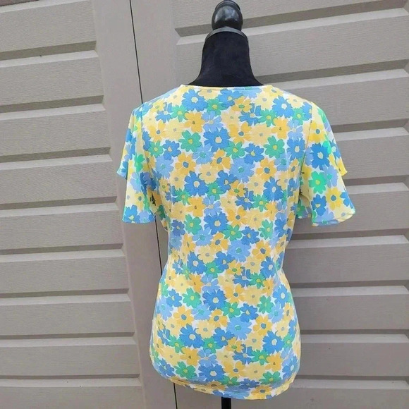 LOFT Womens Top Sz S Yellow Blue Green Floral Blouse Short Sleeve V-Neck Ruffle - Picture 7 of 8